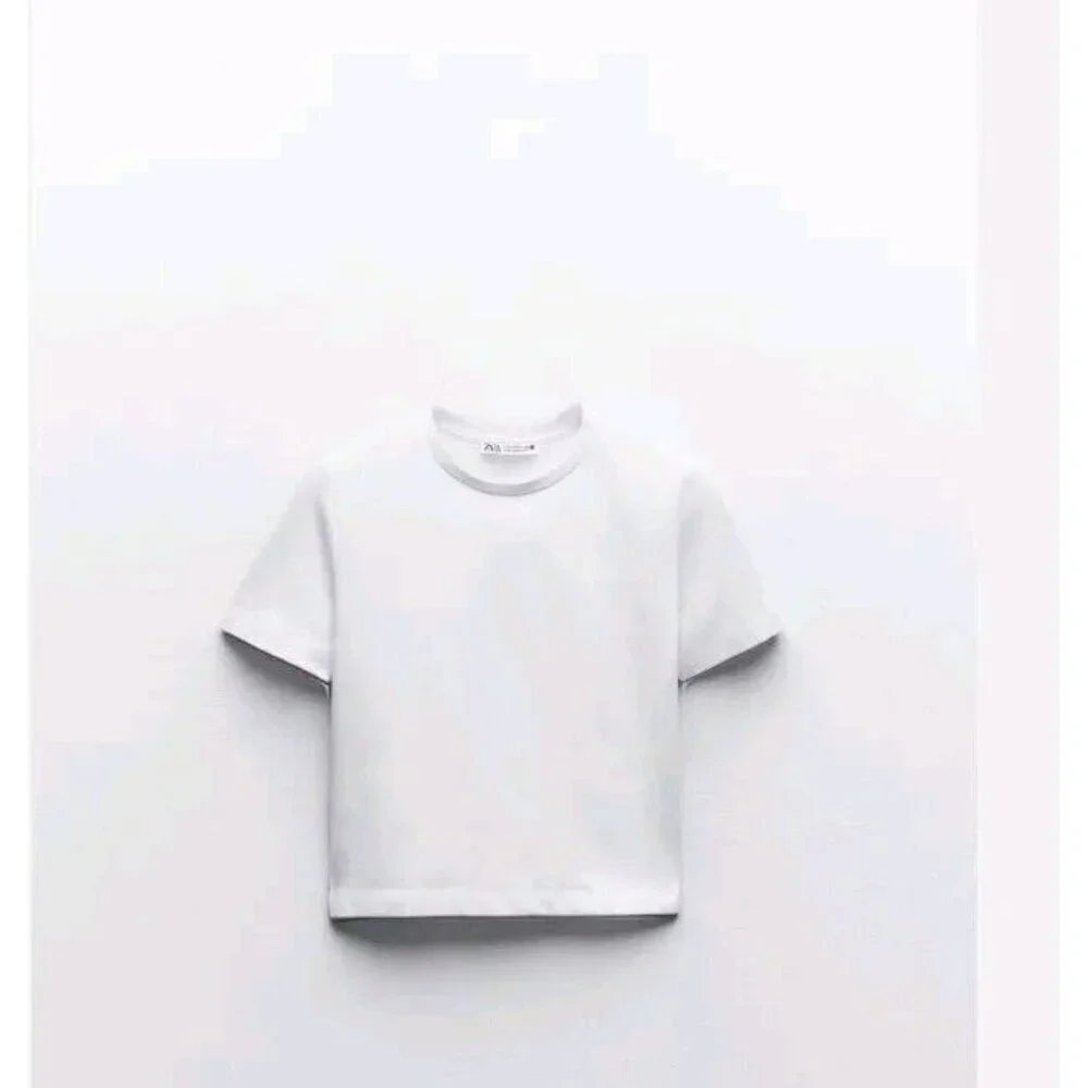 Zara Cropped T Shirt Mid Wheit Round Neck Slim Fit Nylon Short Sleeve 2335 159 S